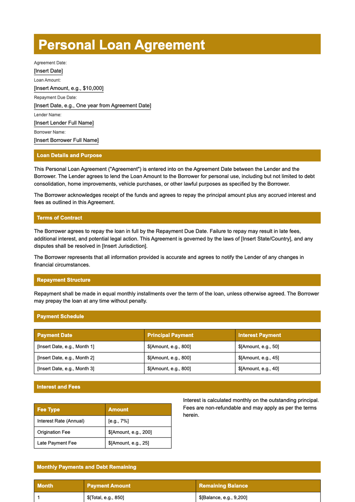Personal loan agreement form with payment schedule and interest fields_variant_2